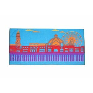 Vintage 80s Royal Terry Ocean Beach Towel Colorful Pier Theme Park Skyline 59x30